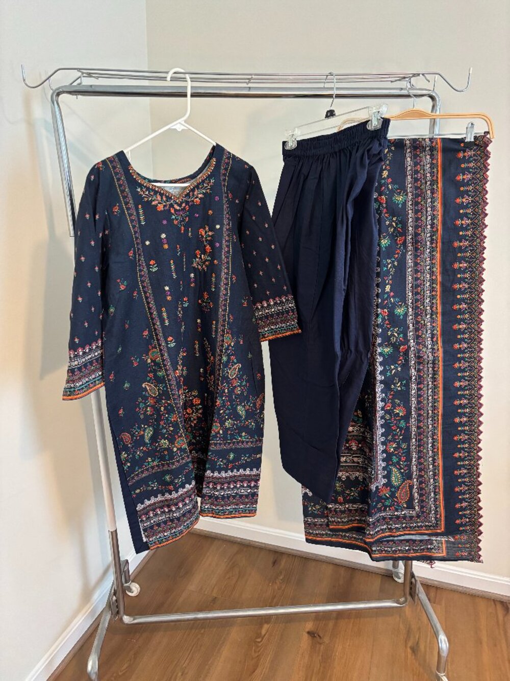 Bin Saeed navy blue  khaddar/cotton embroidered Pakistani kameez/trouser 3pc
